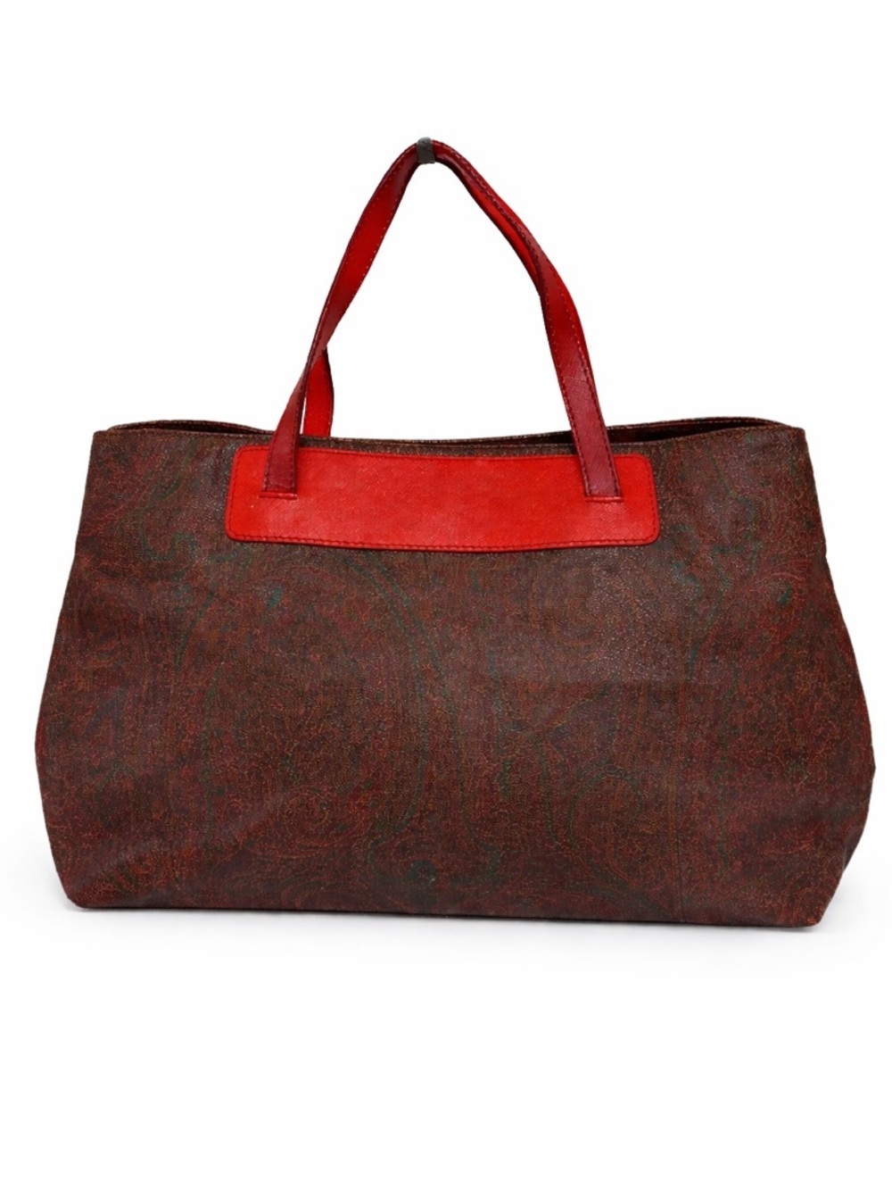 Etro Paisley Print Leather Tote Bag Red Orange Trim Shoulder Bag